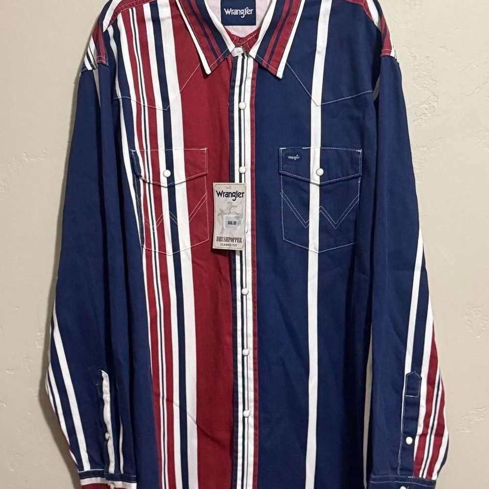 Wrangler Brushpopper Mens XXL Western Shirt Pearl Snap Navy Red Stripe NWT